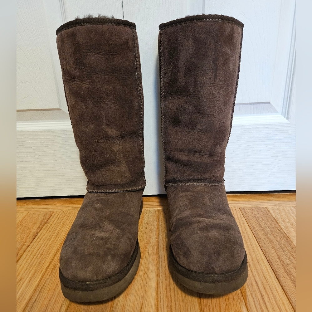 UGG Cozy Wool Lined Sheepskin Tall Brown Boots Womens Size 10